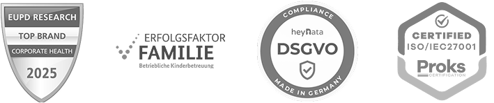 Vier Auszeichnungen: EUPD Research Top Brand Corporate Health 2025, Ausgezeichnete Familie Initiative Mittelstand, DSGVO Compliance Made in Germany von heyData, und zertifiziert ISO/IEC 27001 Proks Smart Protection.