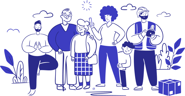 Illustration einer vielfältigen Gruppe von sechs Personen, darunter ein Meditierender, ältere und jüngere Erwachsene sowie ein Handwerker mit Klemmbrett, umgeben von Pflanzen und Wolken.