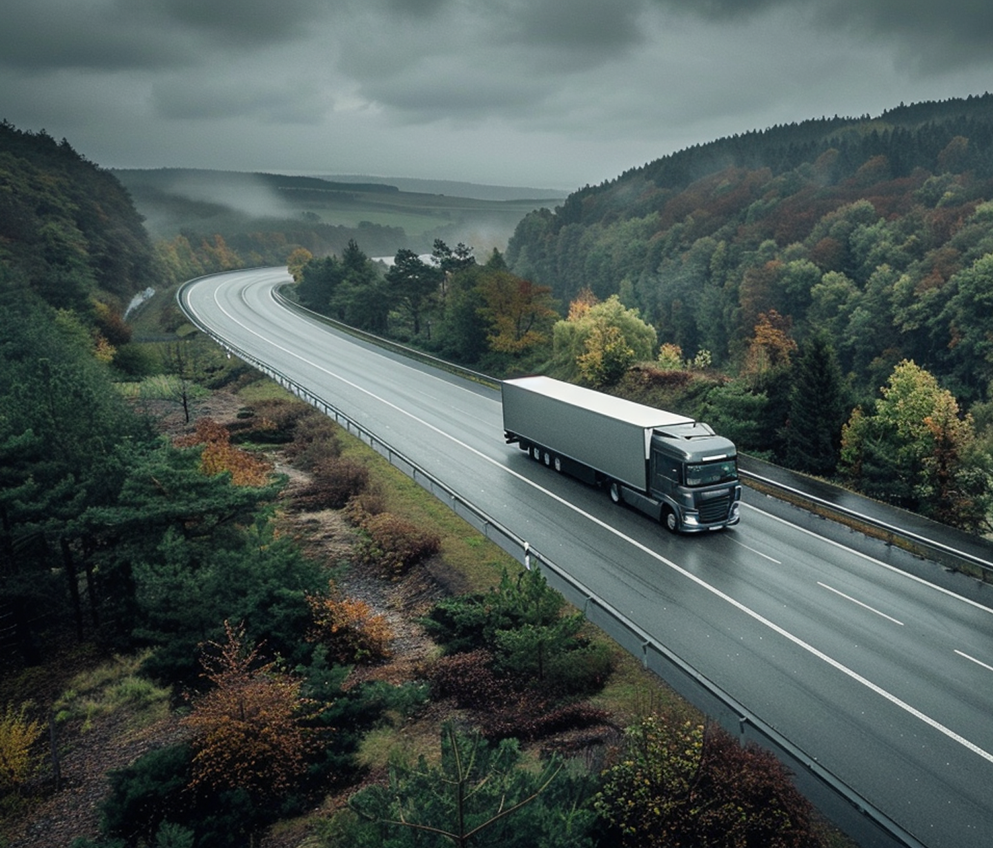 Lastwagen fährt auf leerer Autobahn durch bewaldete Landschaft bei bewölktem Himmel.