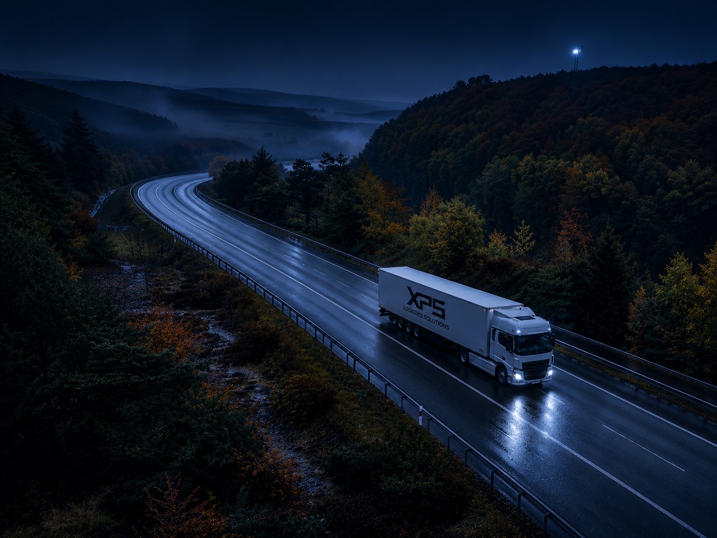 Lastwagen fährt auf leerer Autobahn durch bewaldete Landschaft bei bewölktem Himmel.