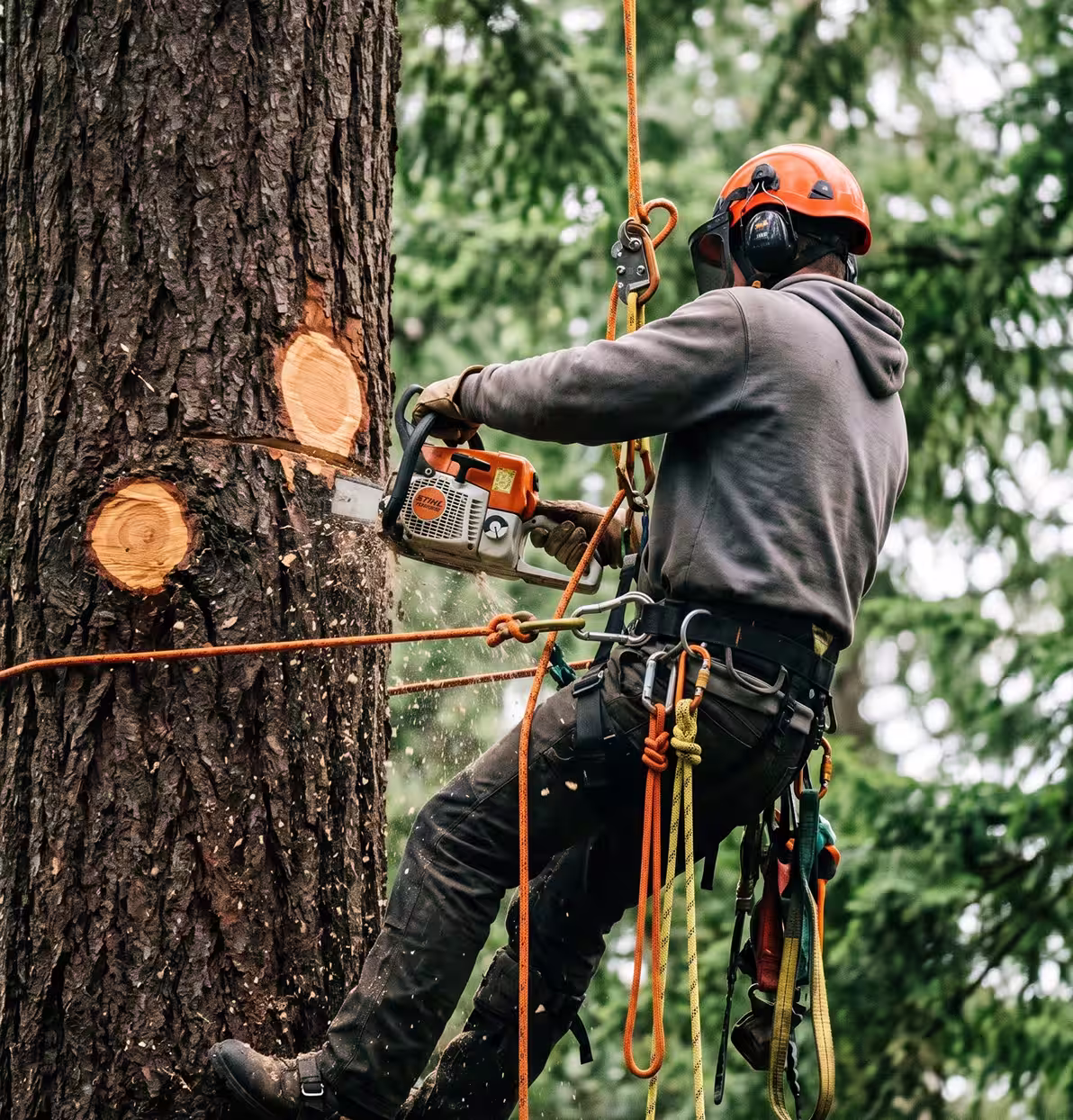 Arborist wearing safety gear cutting a large tree trunk with a chainsaw while suspended by ropes.