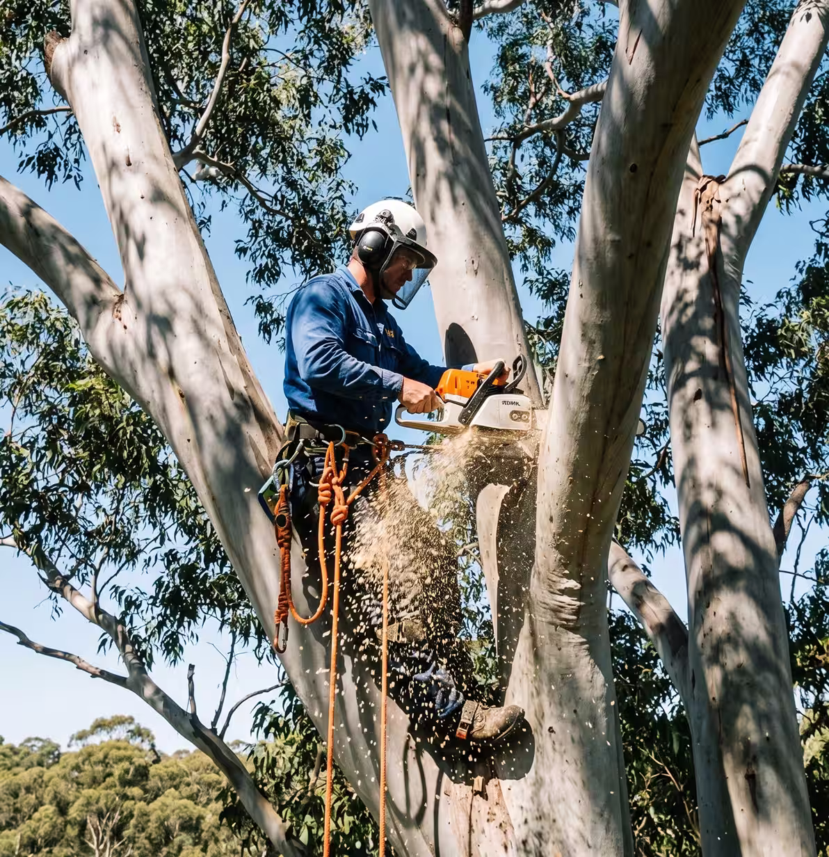 Arborist in safety gear cutting a large tree branch with a chainsaw while suspended by ropes.