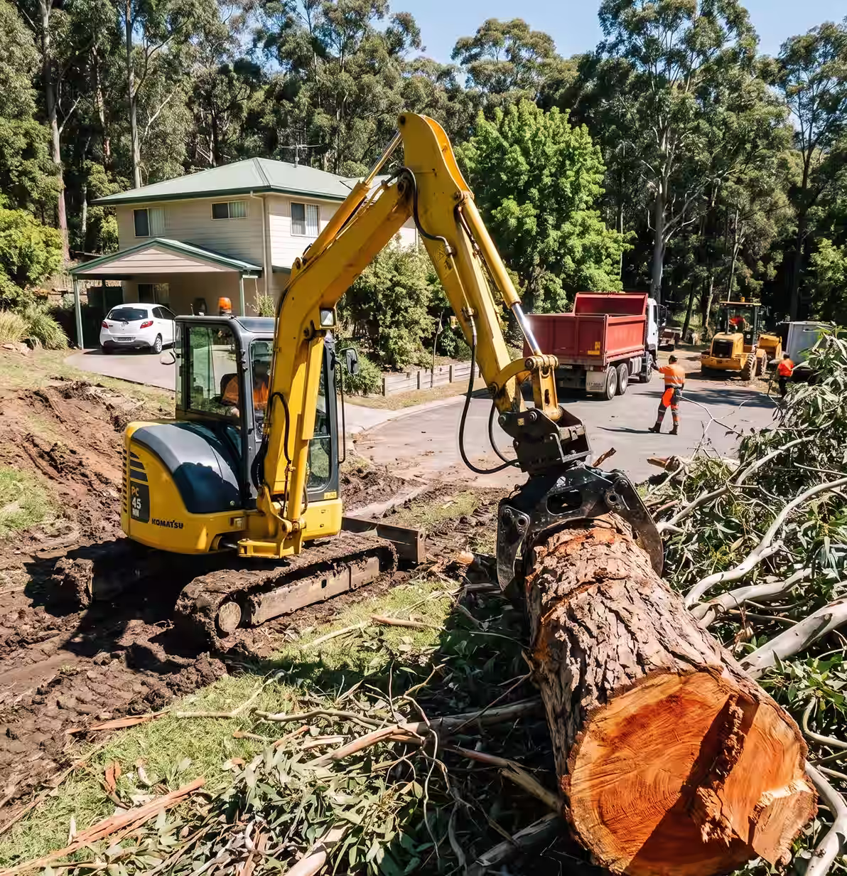 Yellow excavator lifting a large cut tree log with workers and trucks in the background.