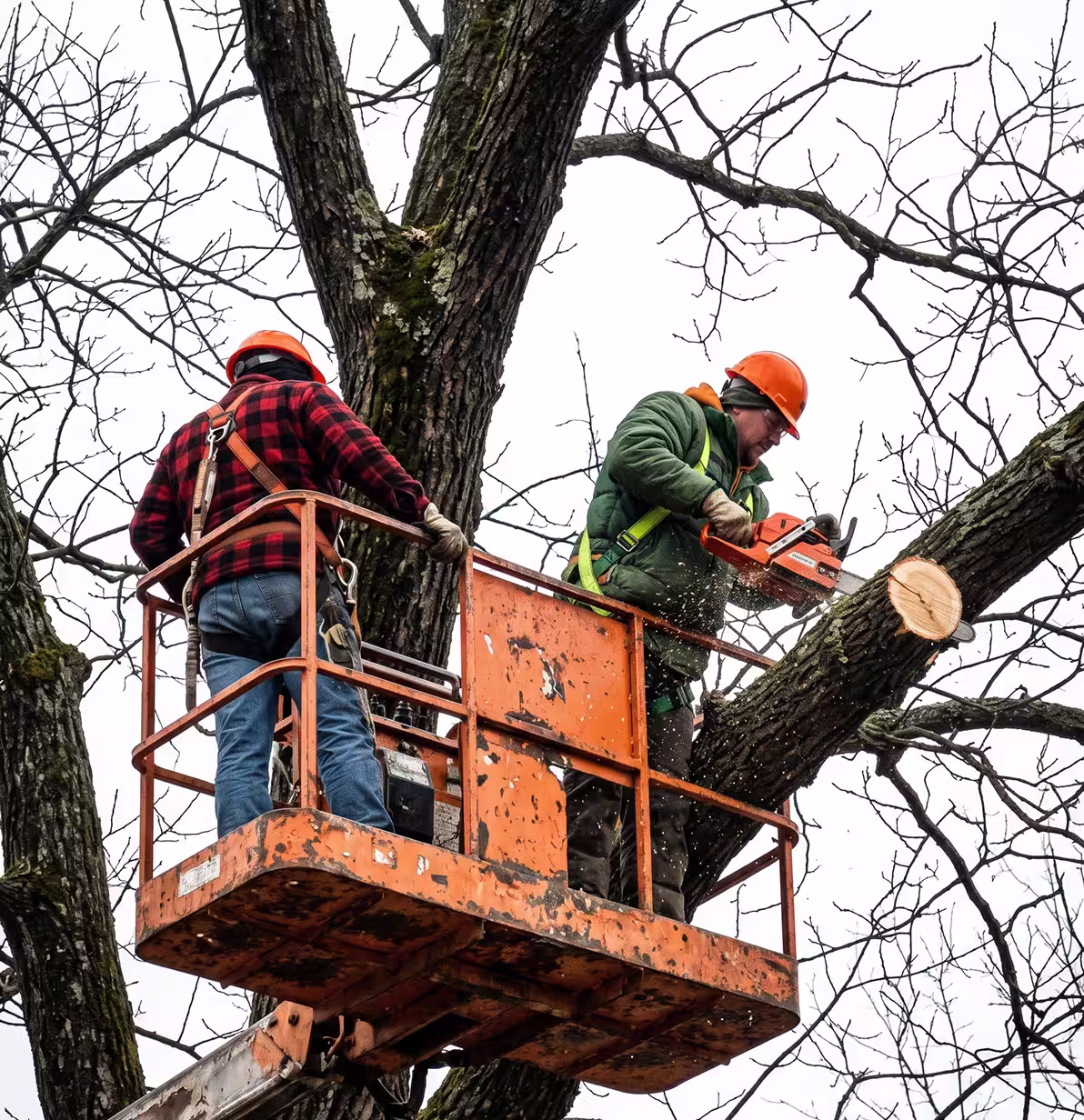 Two workers wearing helmets using a lift to cut a large tree branch with a chainsaw.