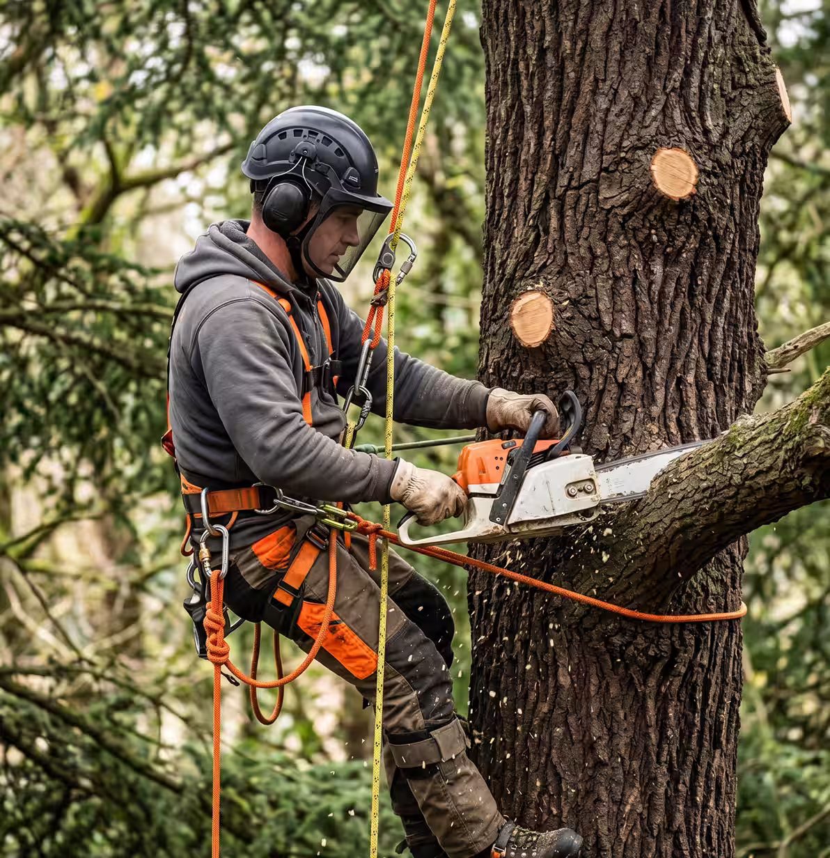 Arborist wearing safety gear using chainsaw to cut a tree branch while secured by ropes.
