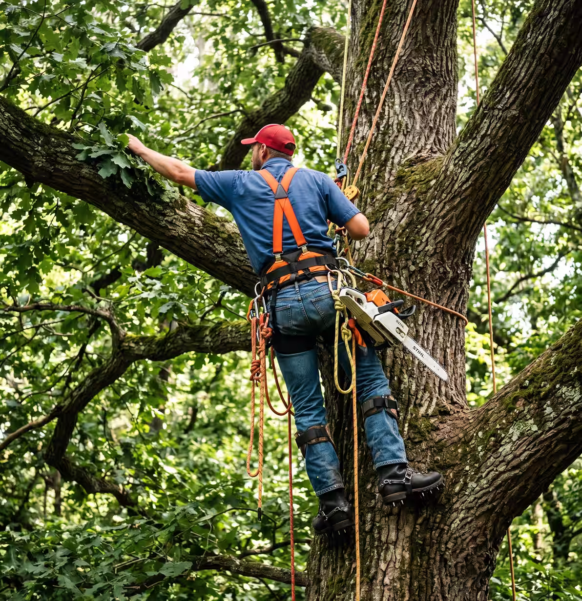 Arborist in safety gear climbing a tree with a chainsaw attached to his harness.
