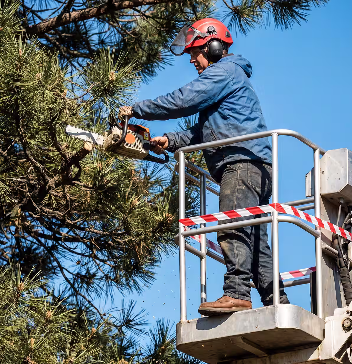 Worker in helmet and protective gear trimming pine tree with chainsaw from an elevated platform.