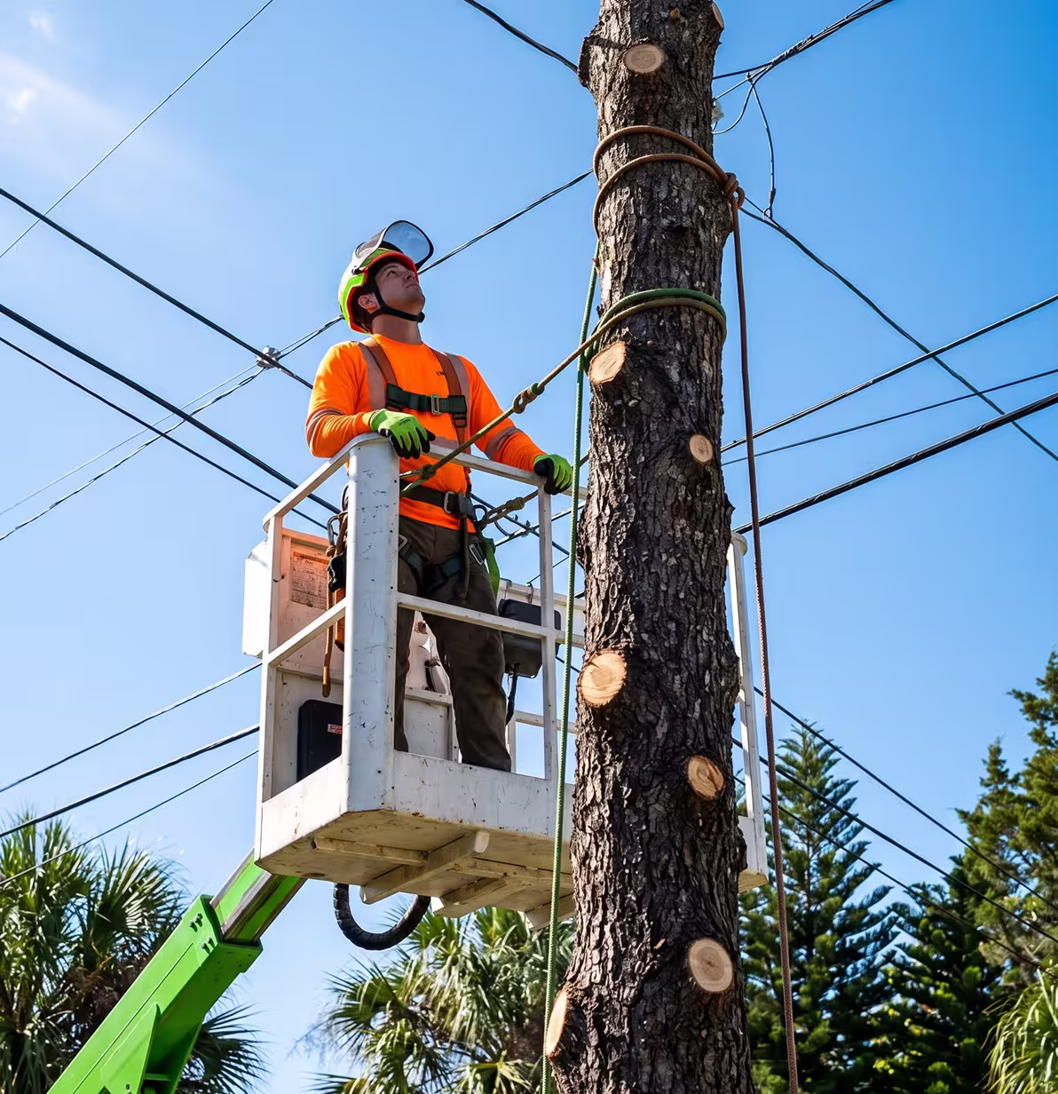 Man in safety gear trimming tree branches from a lift basket amid power lines on a clear day.