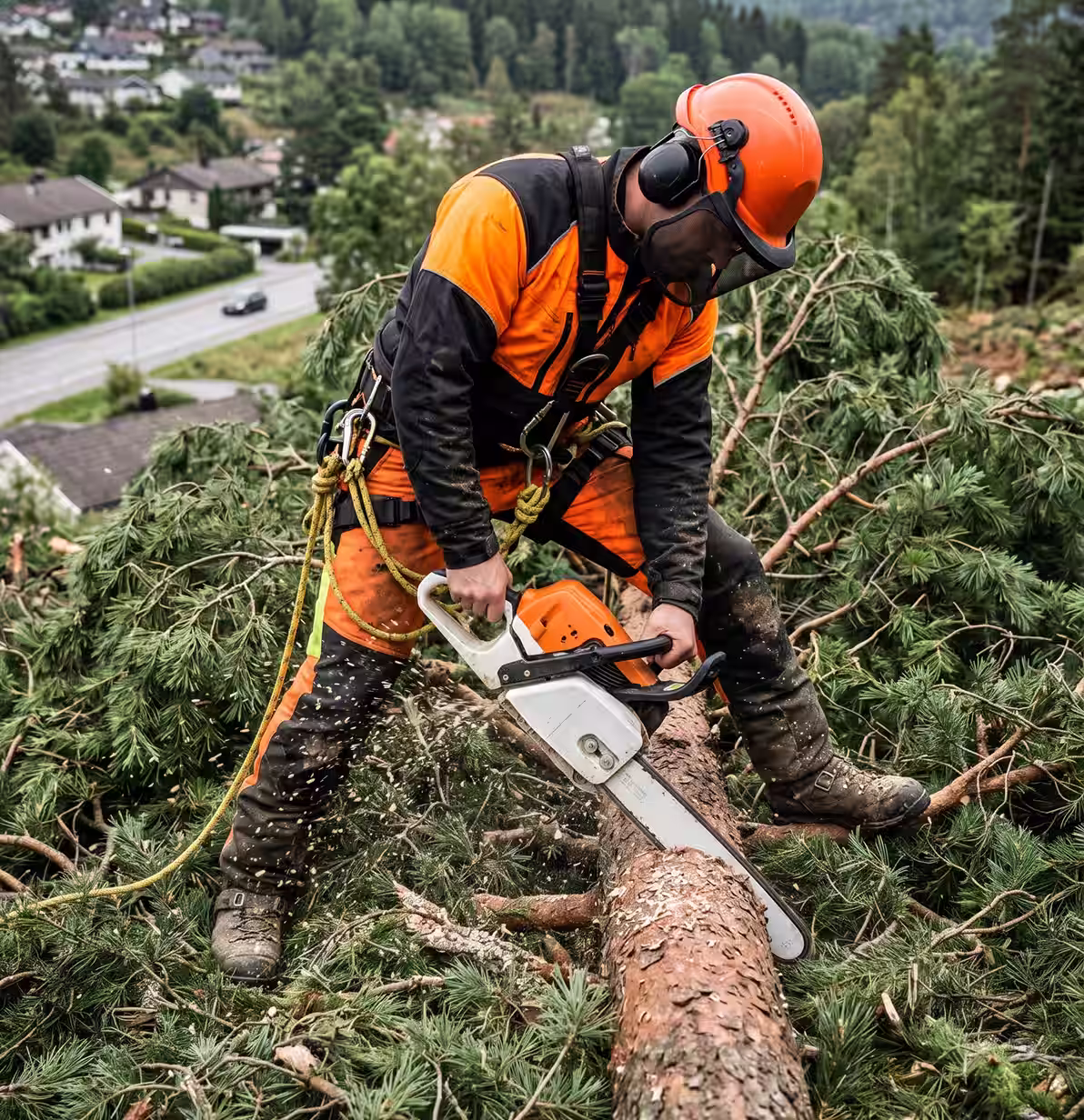 Worker wearing orange and black safety gear cutting a tree trunk with a chainsaw outdoors.