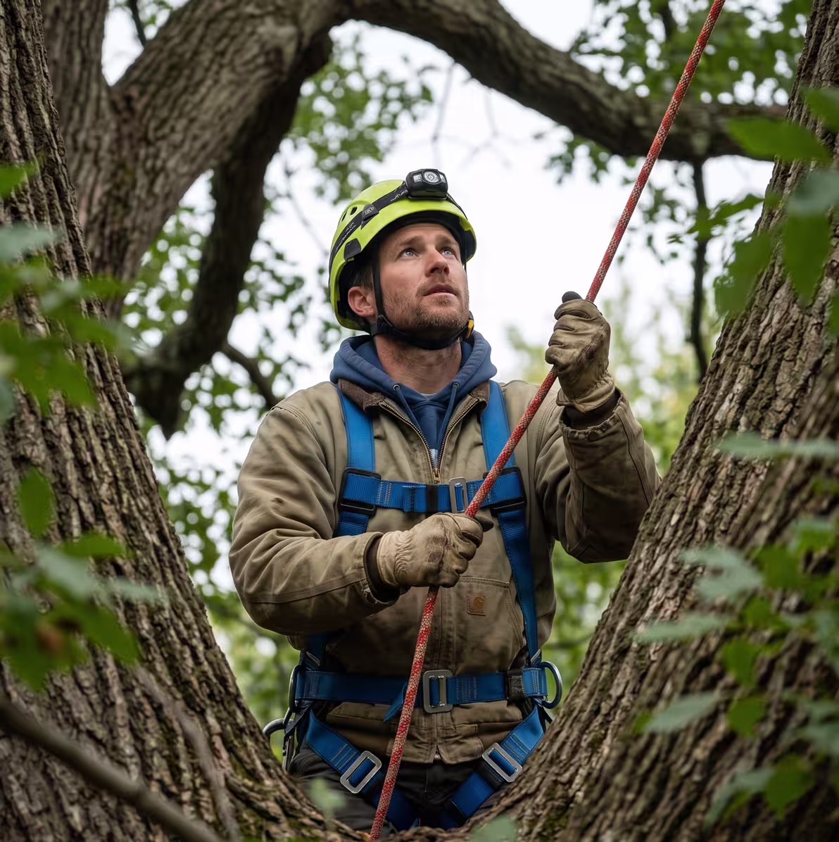Tree worker in safety helmet and harness holding a rope while standing between tree branches.