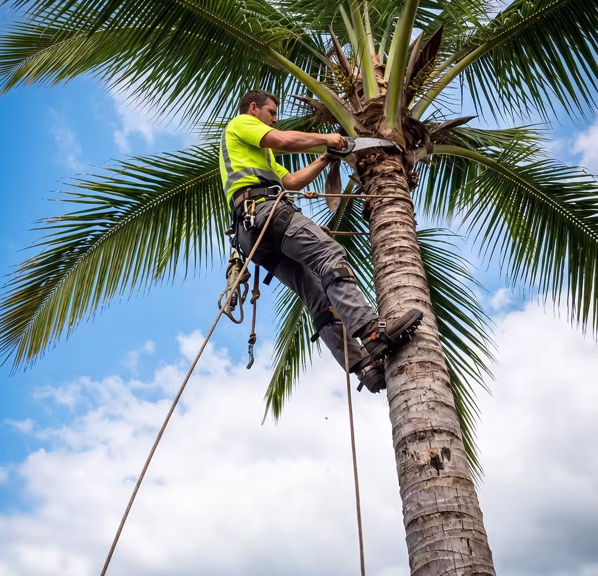 Worker in safety gear climbing and trimming a tall palm tree with a saw against blue sky.