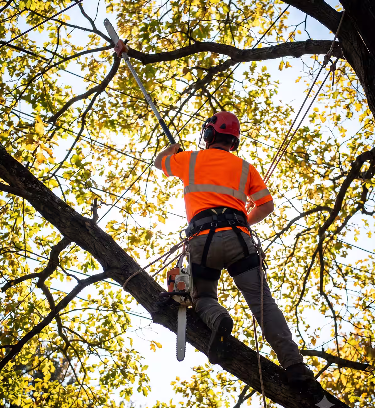 Arborist in safety gear pruning tree branches while secured with ropes and harness on a tree branch.