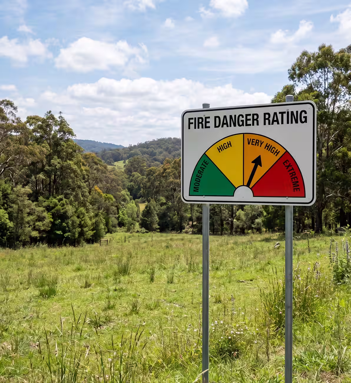 Fire danger rating sign in a grassy field showing arrow at very high level.