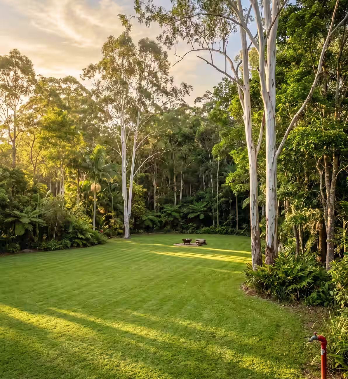 Sunlit green lawn bordered by tall eucalyptus trees and dense forest with a fire pit and bench in center.