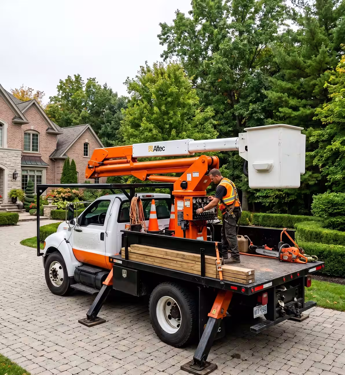 Worker adjusts controls on tree service bucket truck parked on driveway near house and trees.