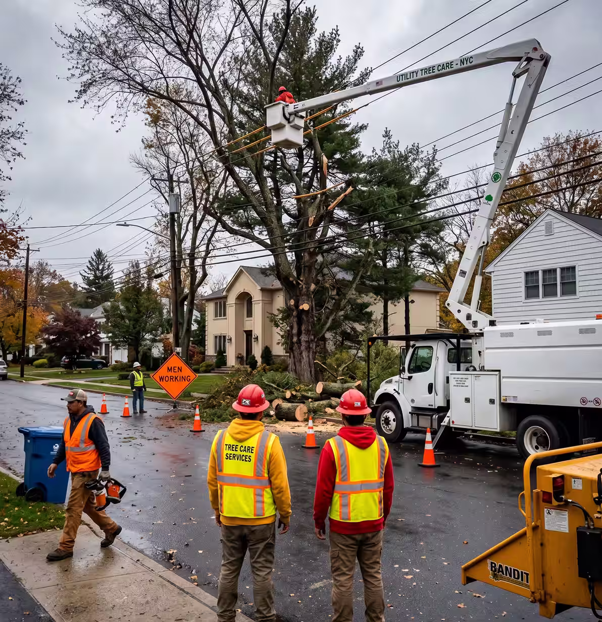 Workers in safety gear cutting tree branches near power lines beside residential houses.