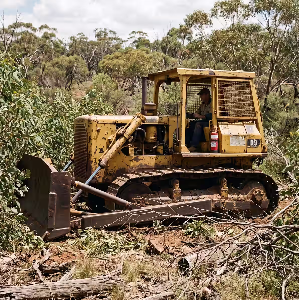 Yellow bulldozer with operator clearing brush and branches in a forested area.