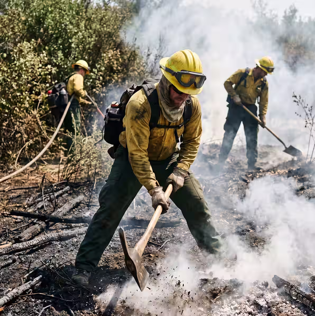 Three firefighters in yellow gear dig and hose down smoldering ground in a smoky forest area.