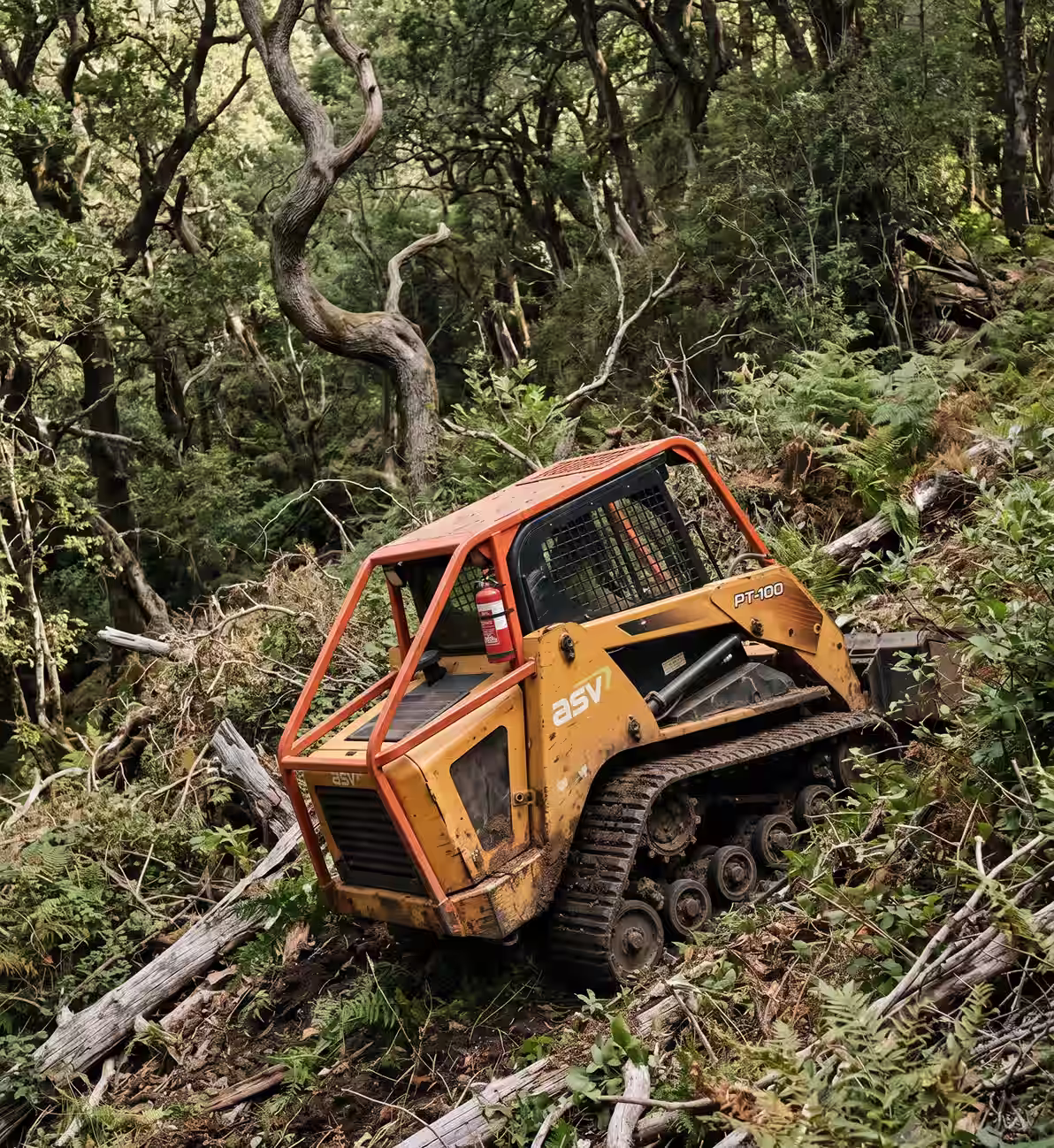 Yellow ASV PT-100 tracked machine in dense forest clearing with fallen branches and foliage.