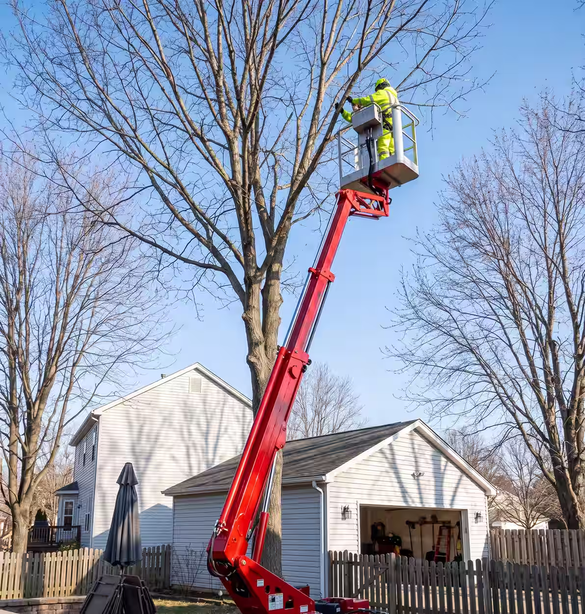 Worker in high-visibility gear trims tree branches using red hydraulic lift near houses.