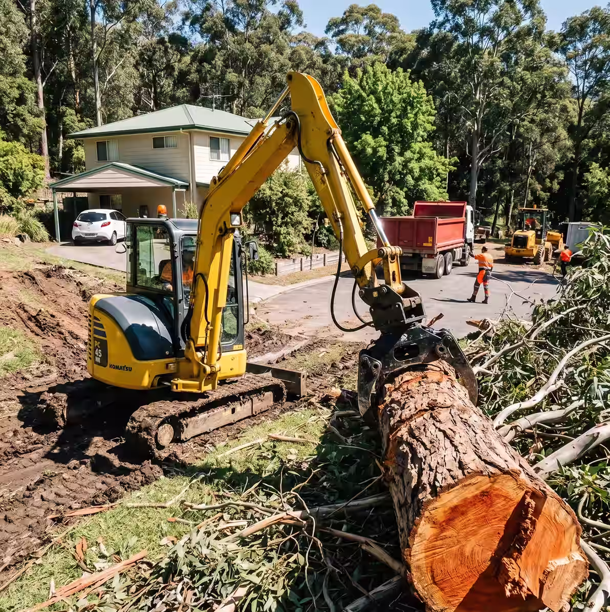 Yellow excavator lifting a large tree log during residential tree removal with workers and trucks nearby.
