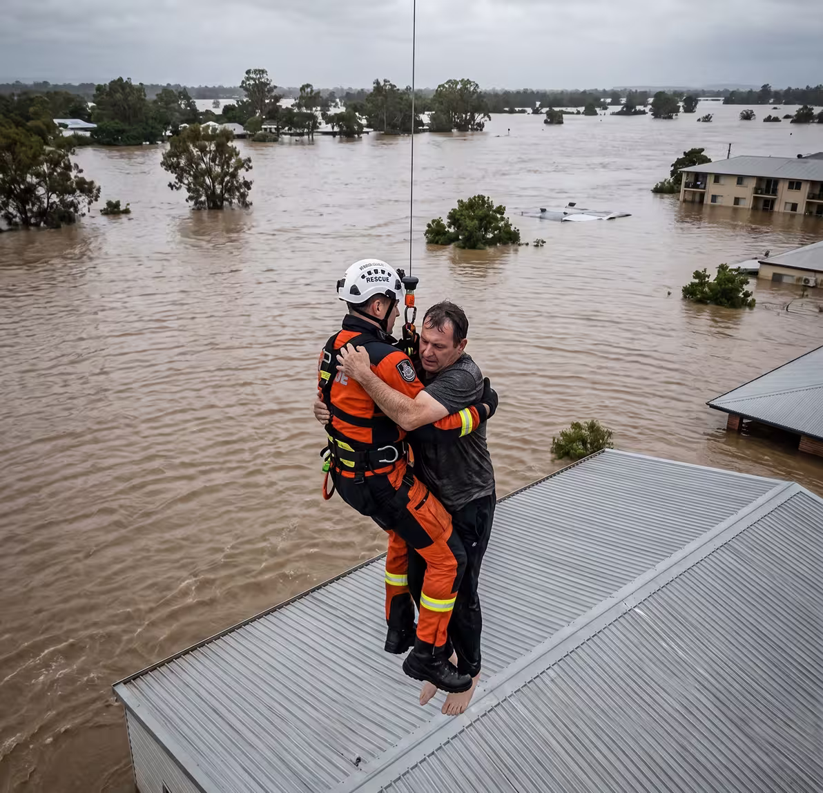 Rescue worker in orange gear hoists barefoot man to safety from floodwaters atop a roof.