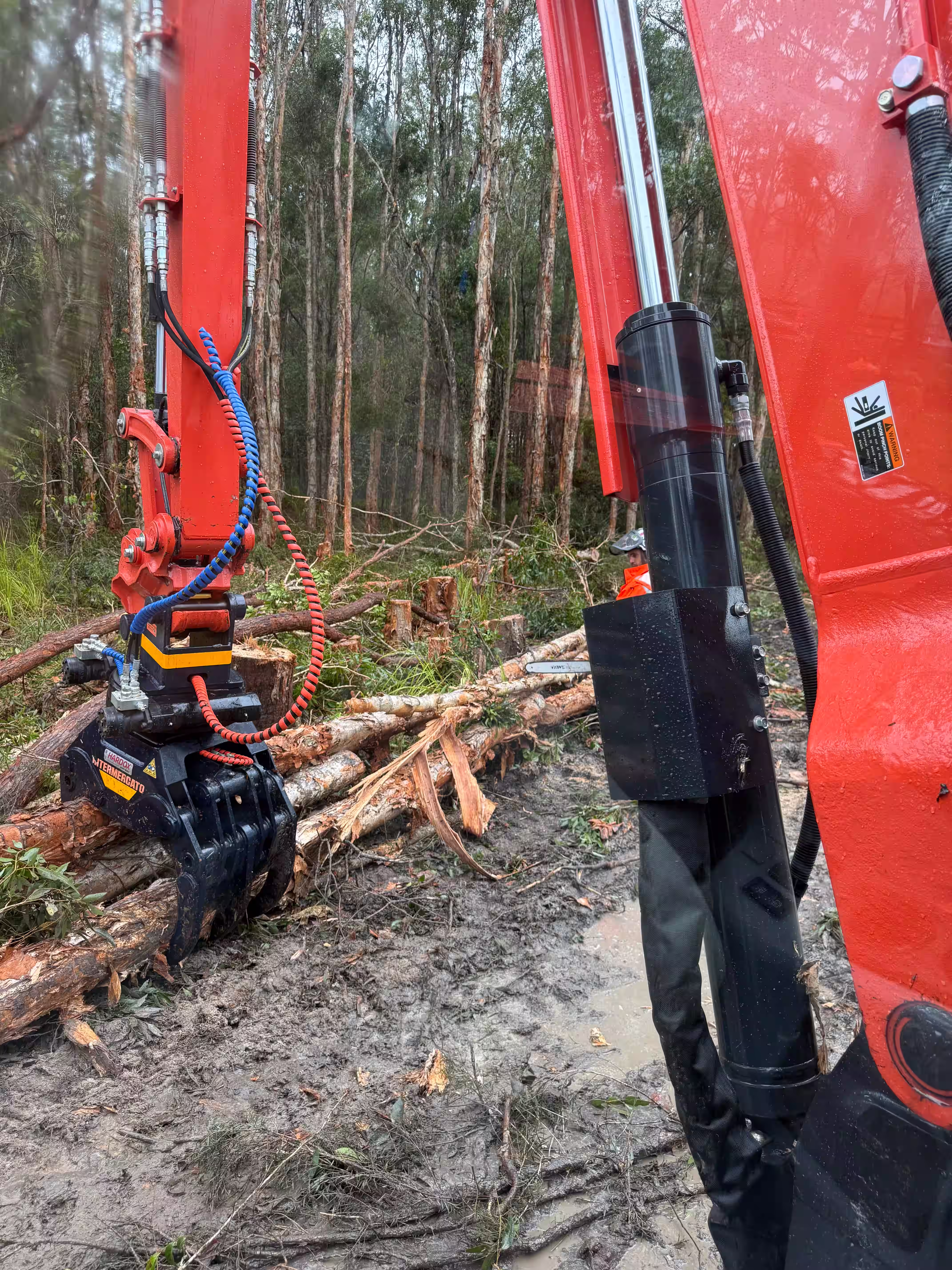 Close-up of red logging machine grabbing tree trunks in muddy forest with worker in orange jacket behind.