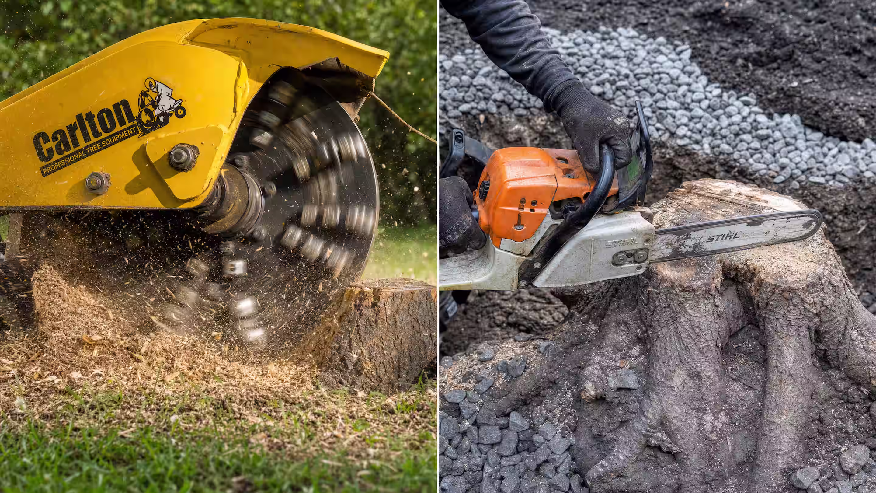 Split image of stump removal: left with grinding machine, right with chainsaw cutting a tree stump.