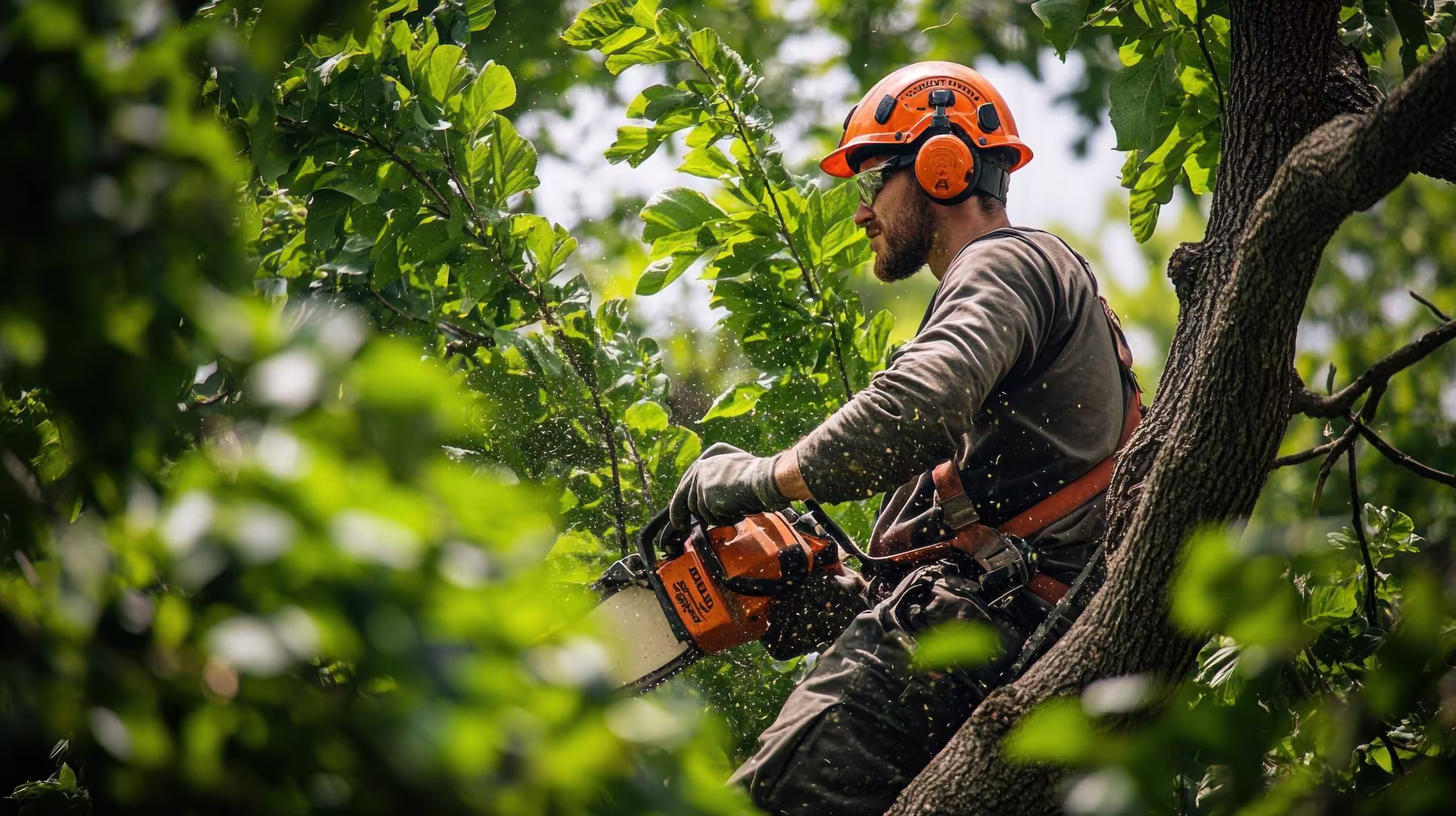 Arborist wearing safety gear cutting tree branches with a chainsaw amid green foliage.