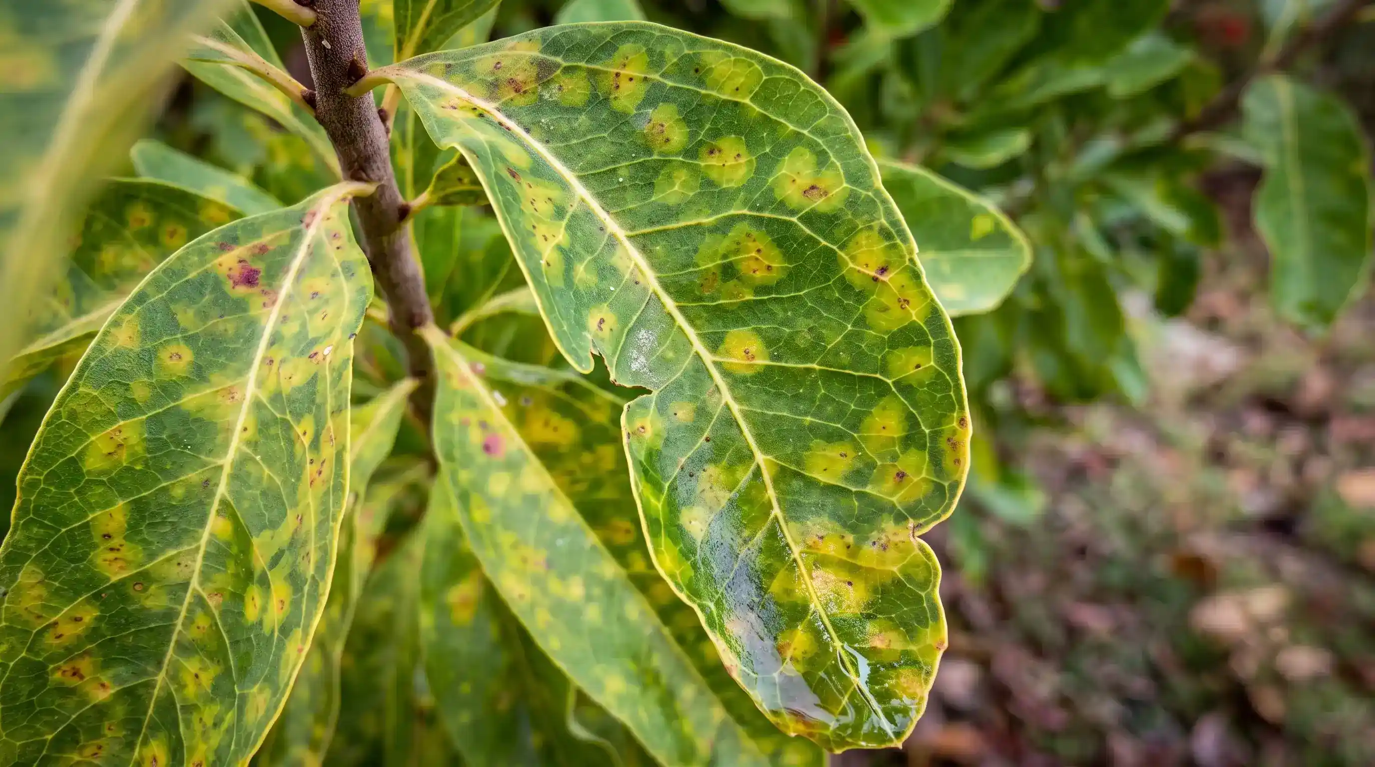 Green leaves with yellow spots and brown blemishes indicating leaf disease.