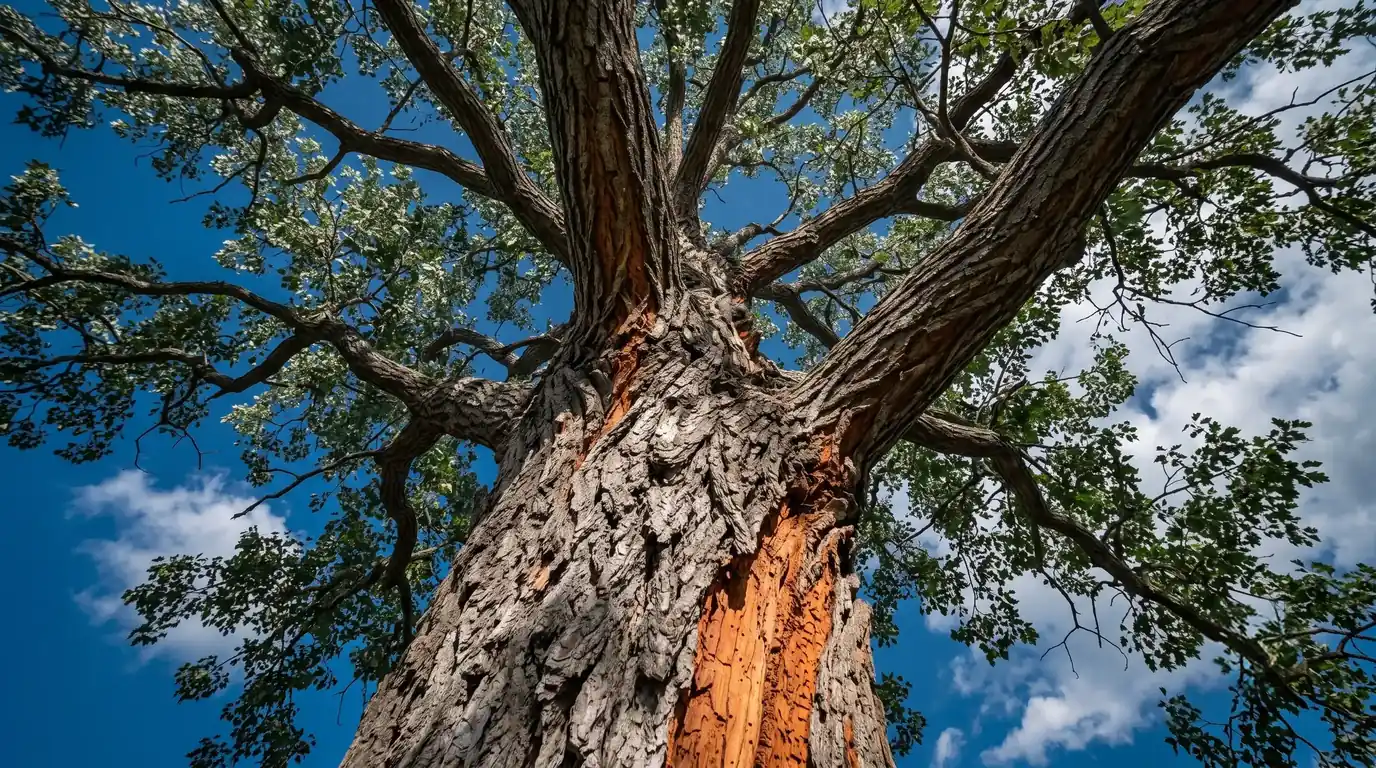 Close-up view of a large tree trunk with branches and green leaves against a blue sky with clouds.