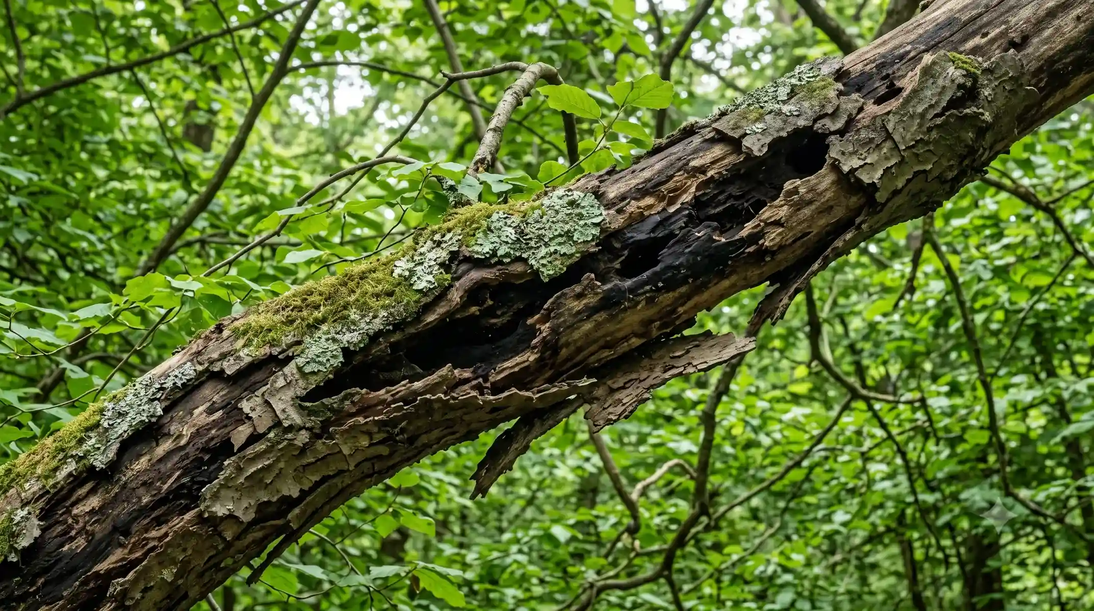 A weathered, fallen tree trunk covered in lichen and moss, with rot and hollow decay visible along its length, surrounded by lush green forest foliage.