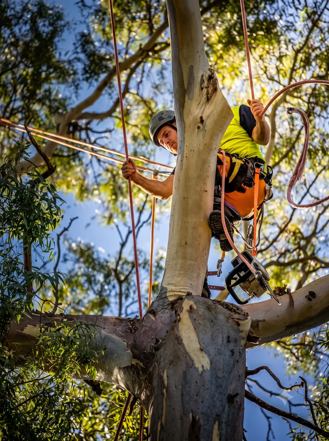 Arborist perched in a eucalyptus tree with a chainsaw and climbing ropes, working among the branches.