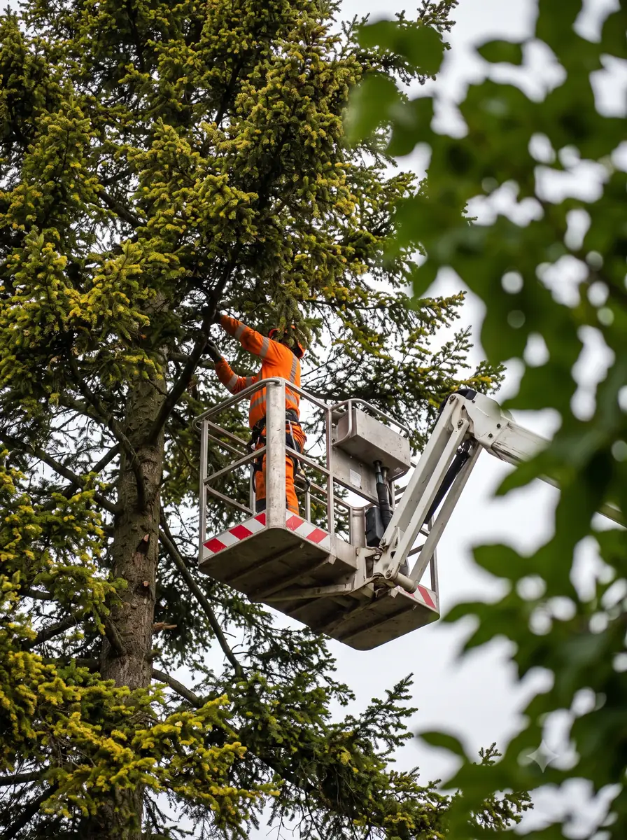 Worker in a cherry picker bucket pruning branches high in a conifer tree.
