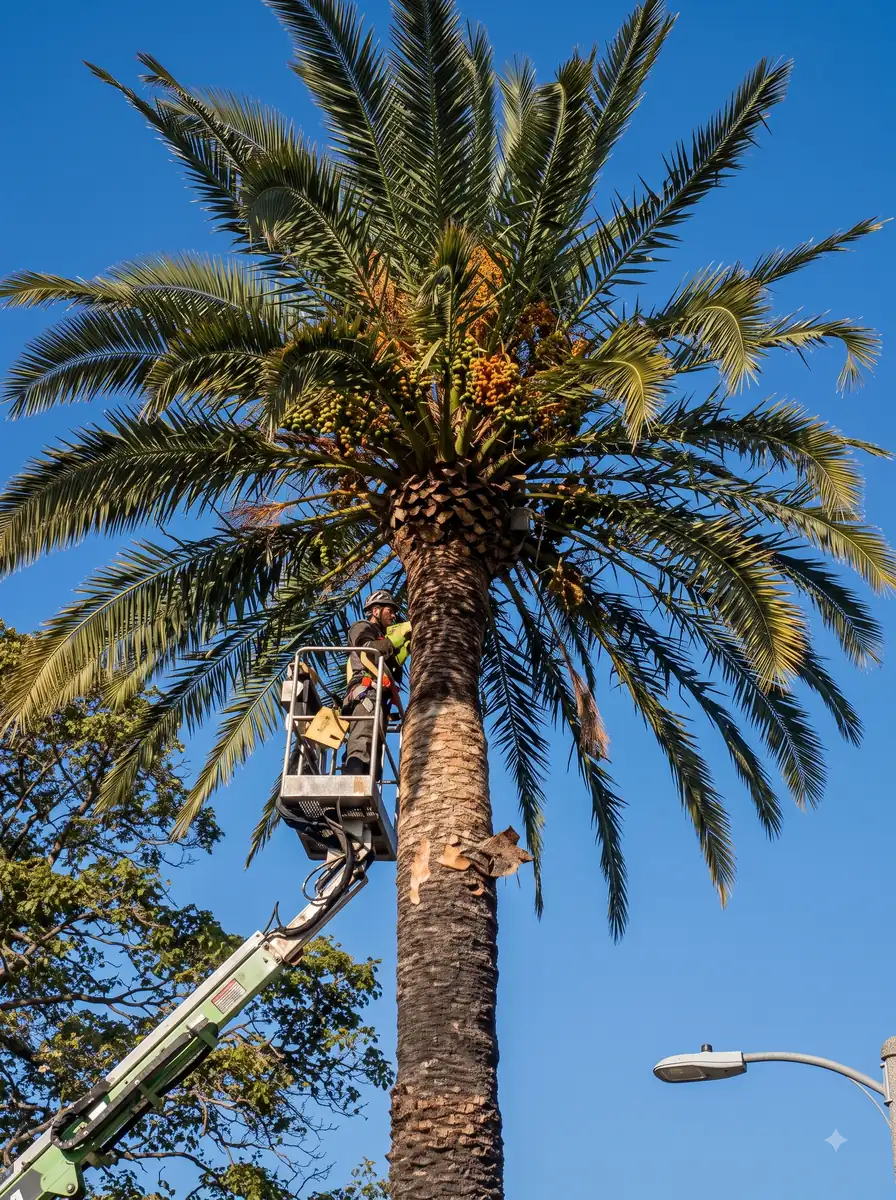 Worker in a cherry picker bucket pruning a large date palm tree against a clear blue sky.