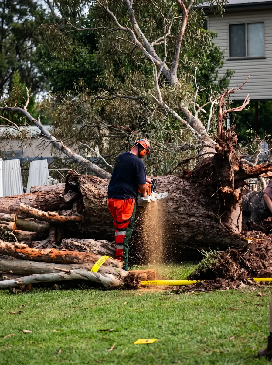 Worker in orange safety gear using a chainsaw to cut a large fallen tree trunk in a residential yard, sawdust flying.