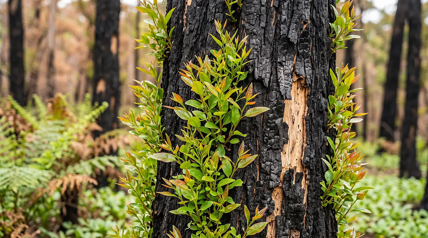 Green epicormic shoots regrowing from a fire-blackened tree trunk after a bushfire