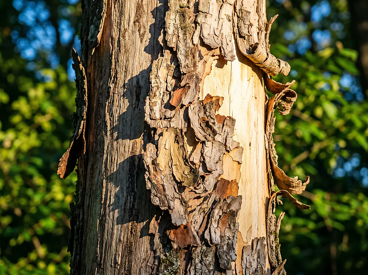 Close-up of peeling bark on a tree trunk revealing pale wood underneath.