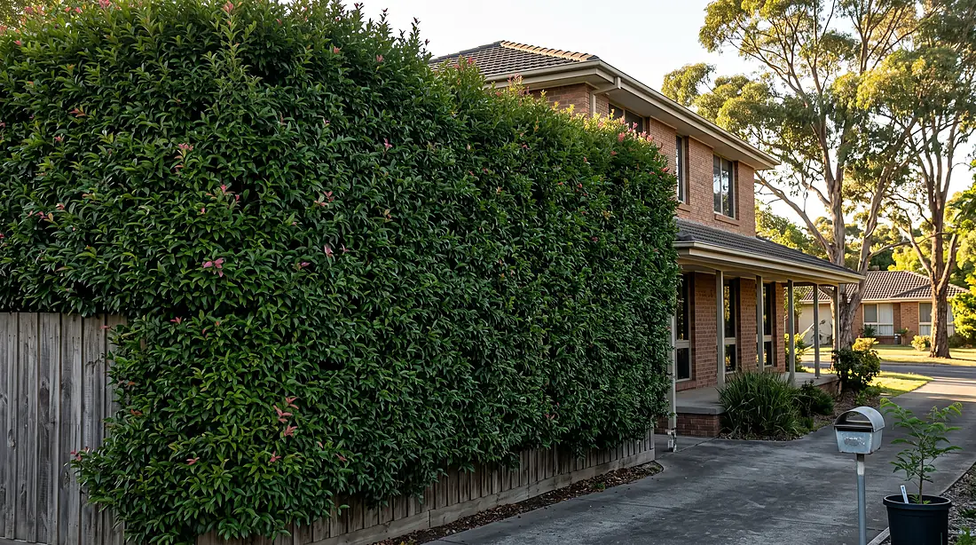 Dense overgrown hedge pressing against the side of a two-storey brick house.