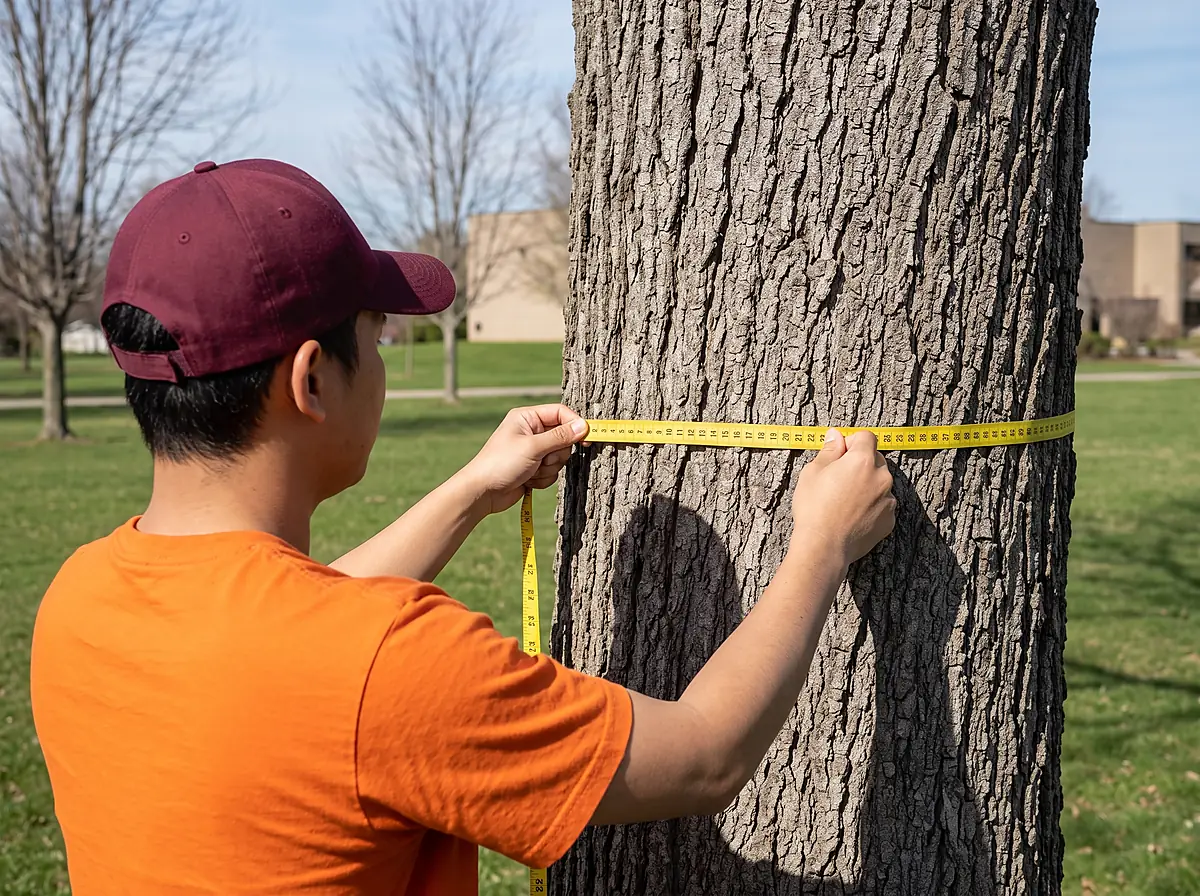 Arborist measuring a tree trunk's diameter with a tape measure.