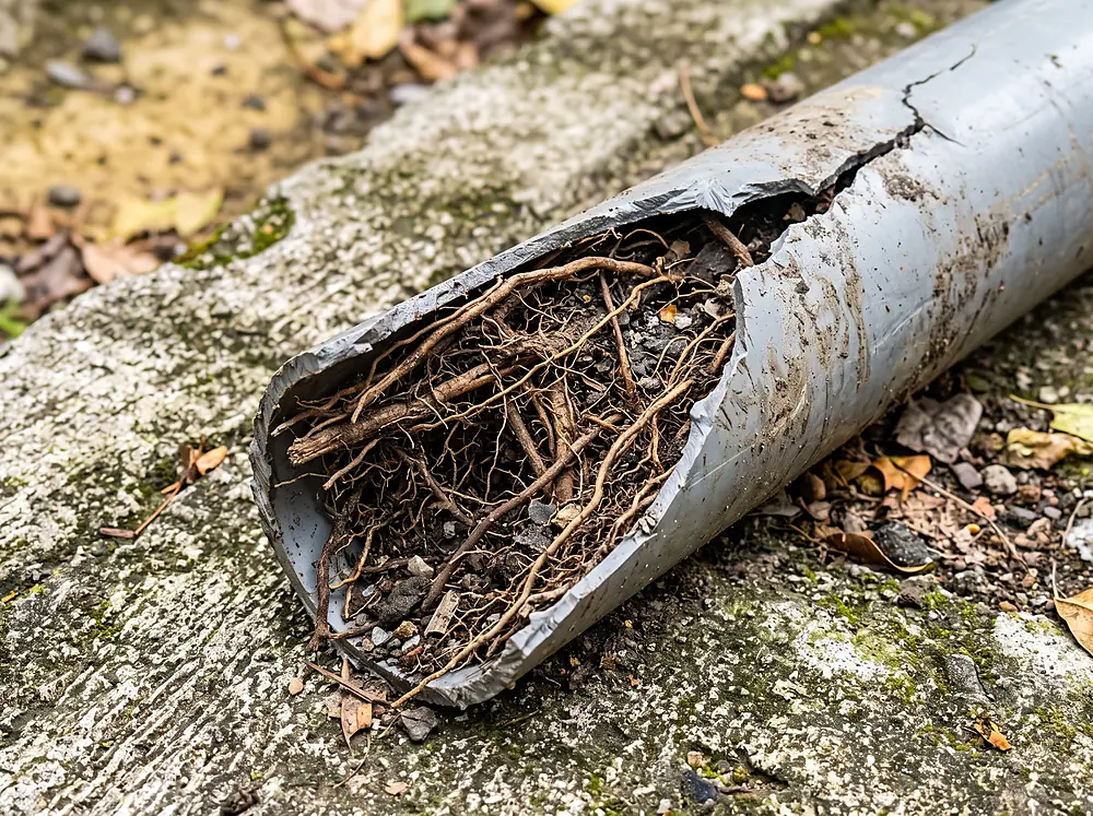 Underground pipe cracked open and packed with invasive tree roots.