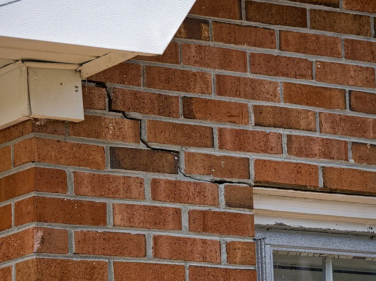 Close-up of a cracked brick wall near a roofline caused by tree root movement.