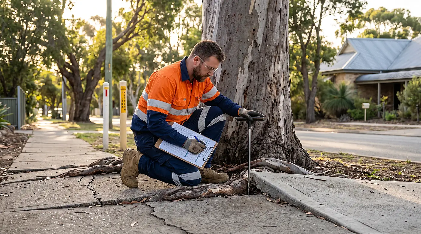 Arborist kneeling beside a street tree, using a probe to inspect roots lifting the footpath.