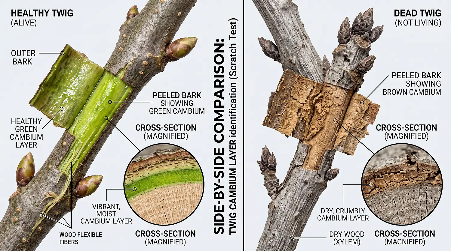 Diagram comparing a healthy green twig cross-section to a dead brown one using the cambium scratch test
