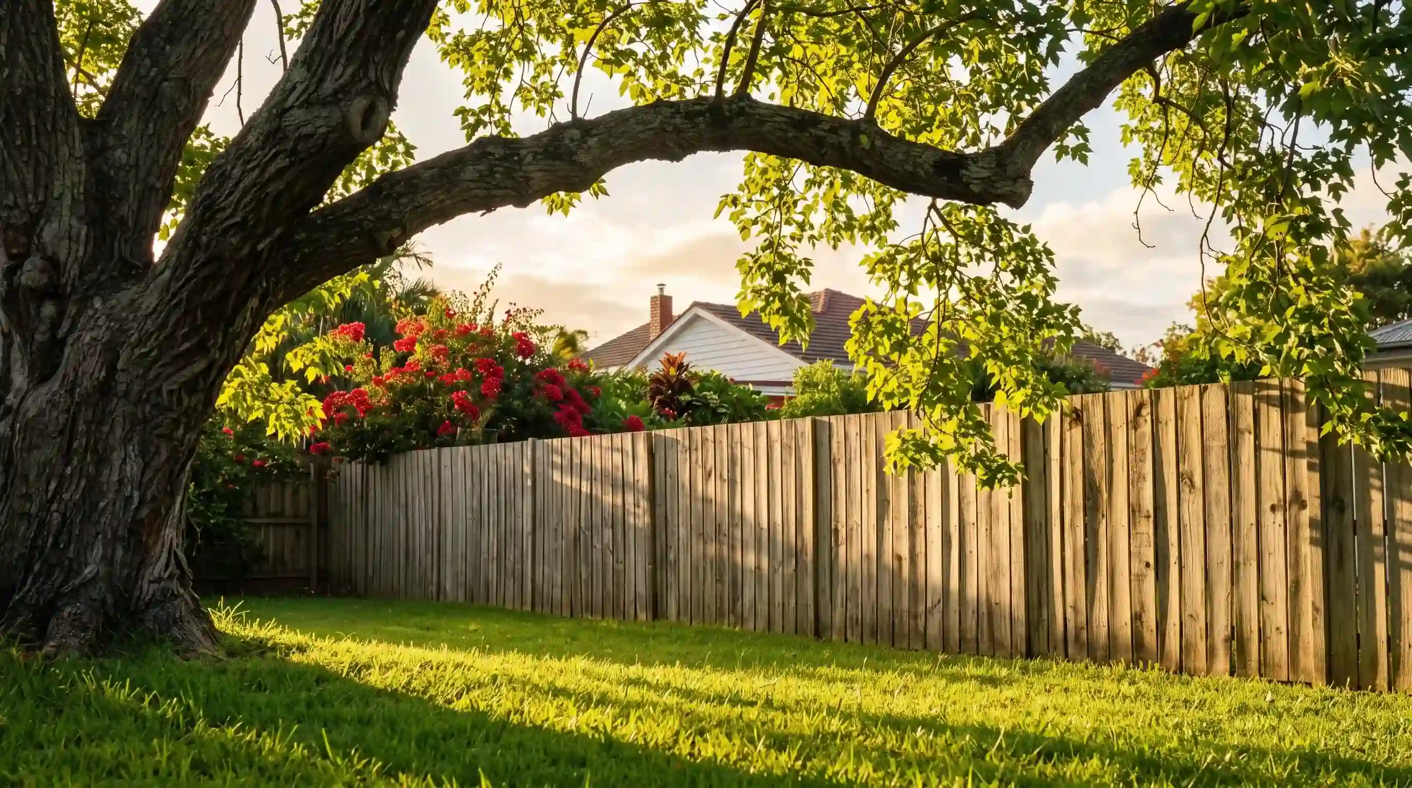 Mature tree with a leafy canopy overhanging a timber fence in a backyard garden