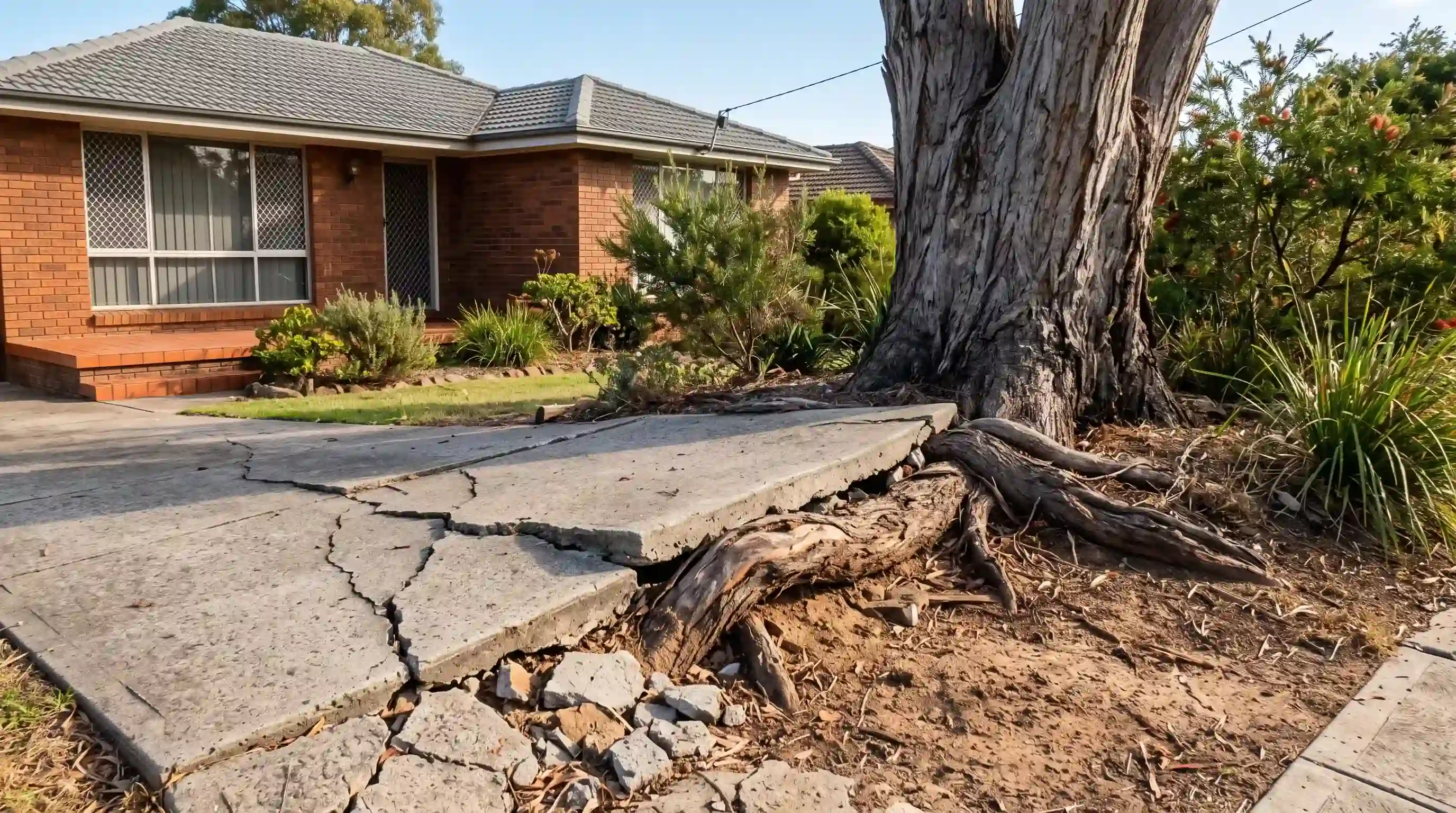 Tree roots cracking and lifting a concrete driveway beside a brick house