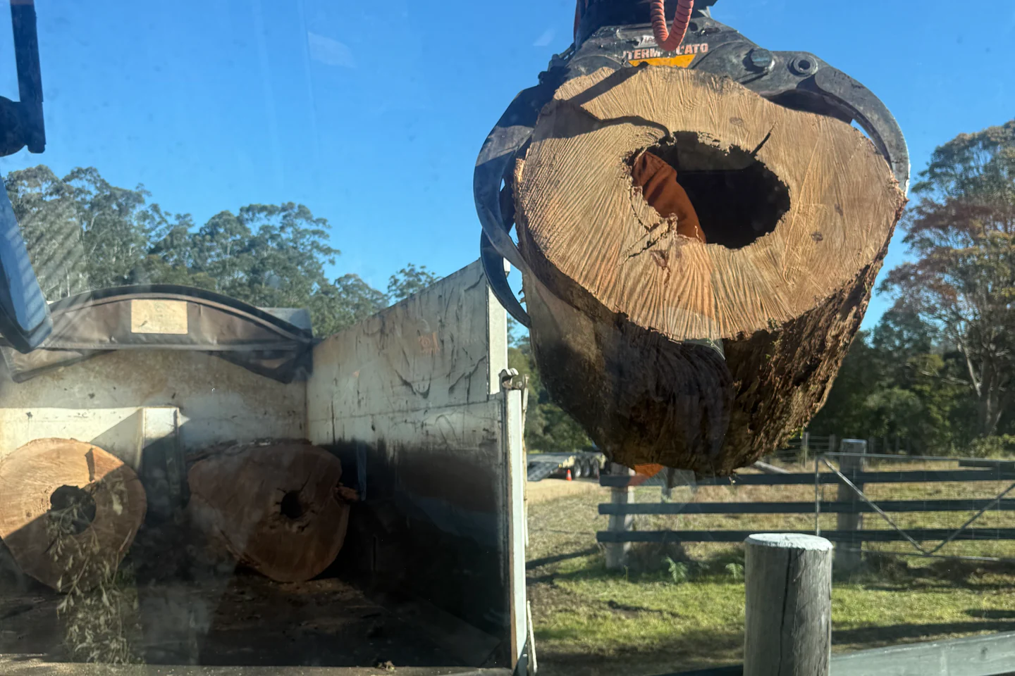 Excavator grapple lifting a hollow dead Ironbark trunk section, revealing internal decay after removal.