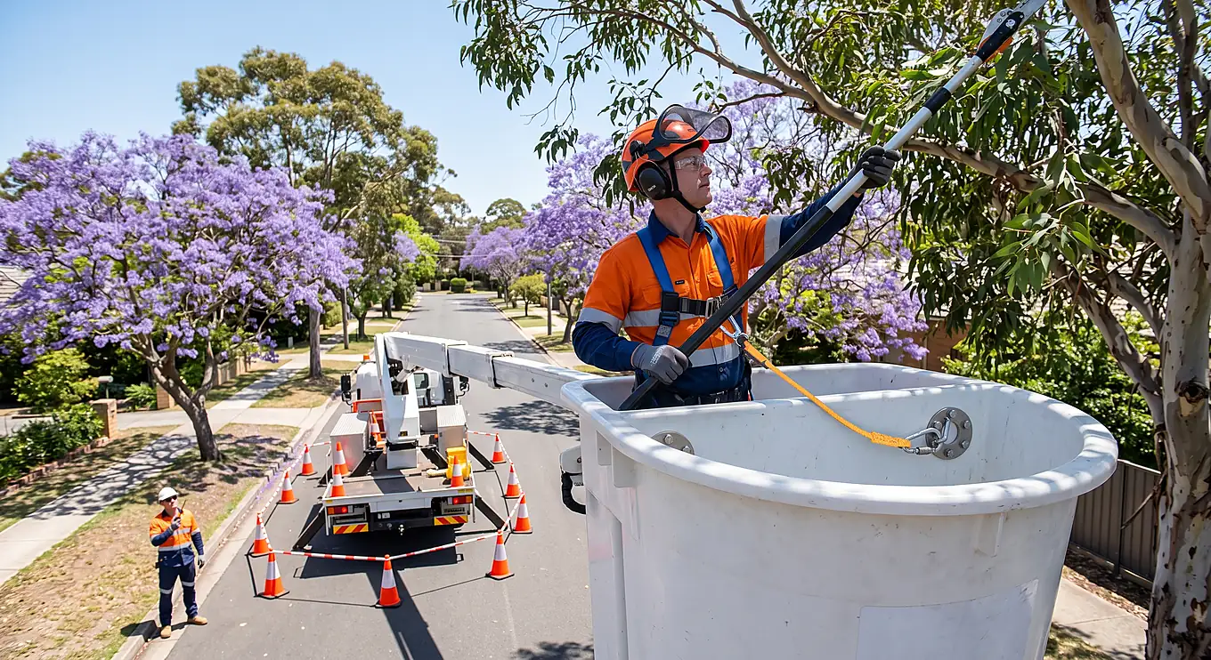 Worker in a lift pruning tree branches near power lines on a clear day.