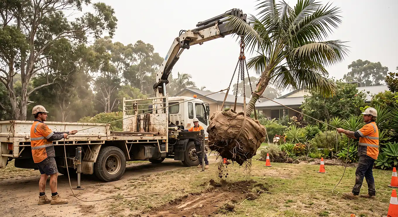 Large palm tree with roots wrapped being lifted by a crane against a blue sky with clouds.