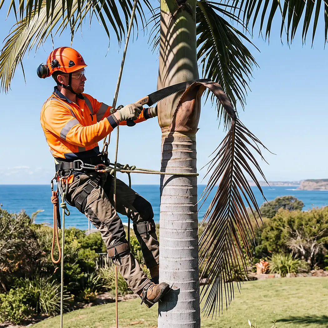 MidCoast Tree Solutions Forster arborist removing palm fronds using the spur-climbing technique.